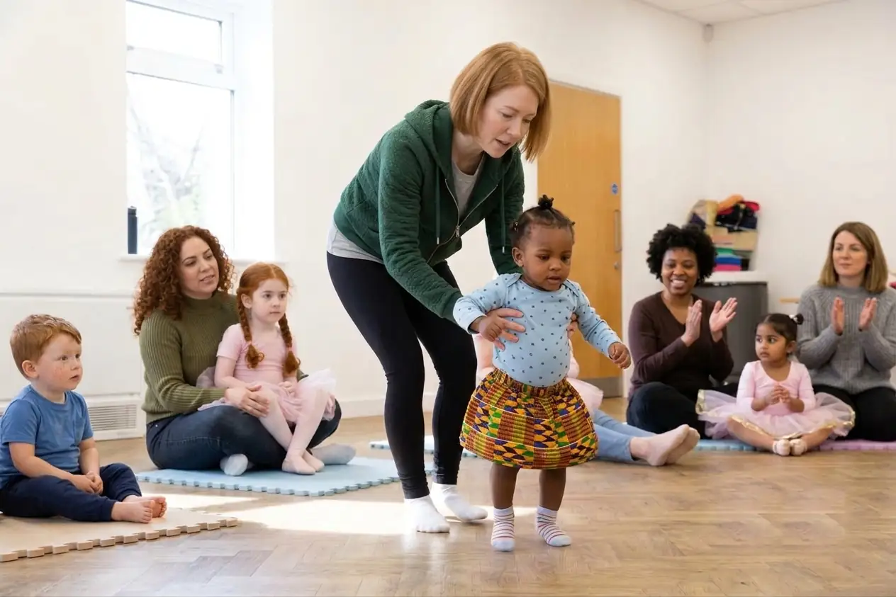Parent and toddler ballet class: a teacher helps a toddler take her first dance steps while parents and small children watch