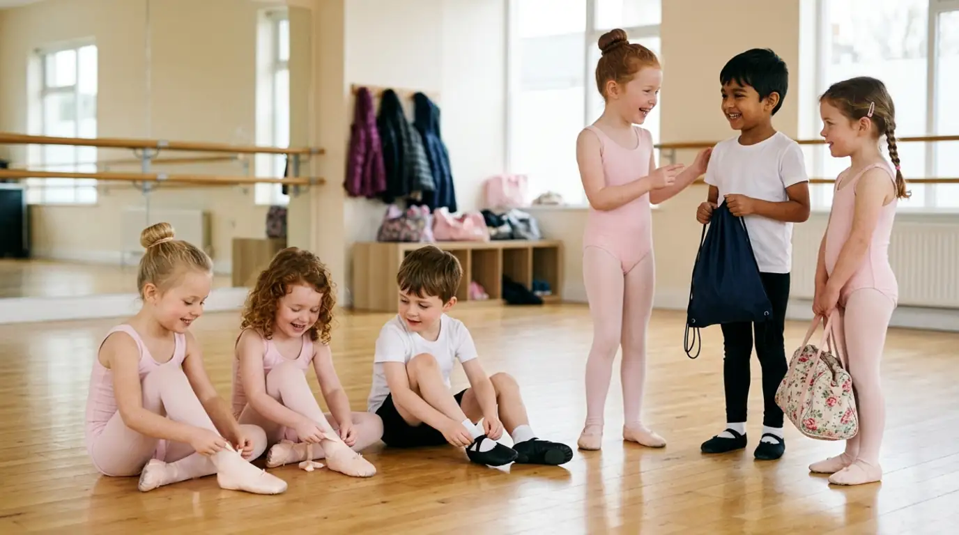 Young children getting ready for ballet class in a studio, tying their ballet shoes