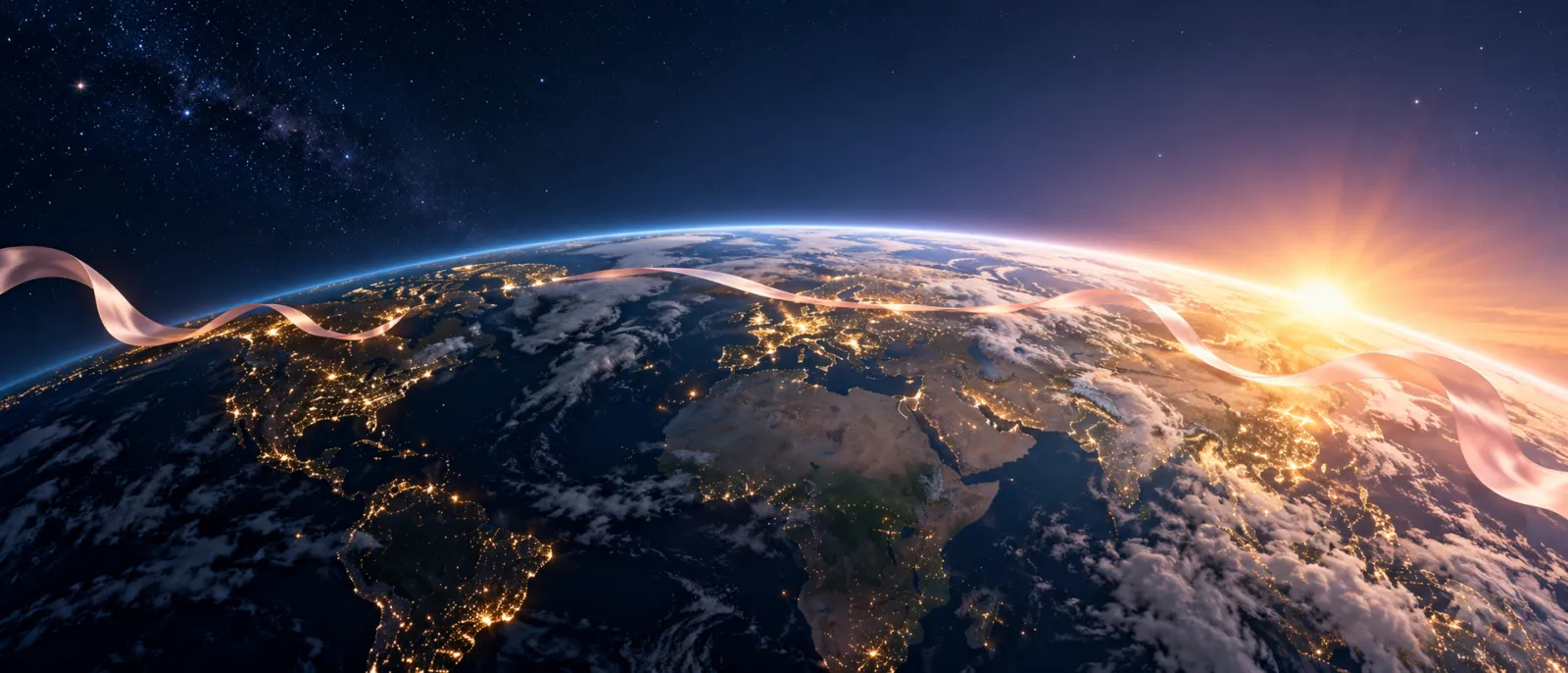 Illustration: dawn moving across the Earth seen from space, with a pale pink pointe-shoe ribbon following the line of sunrise