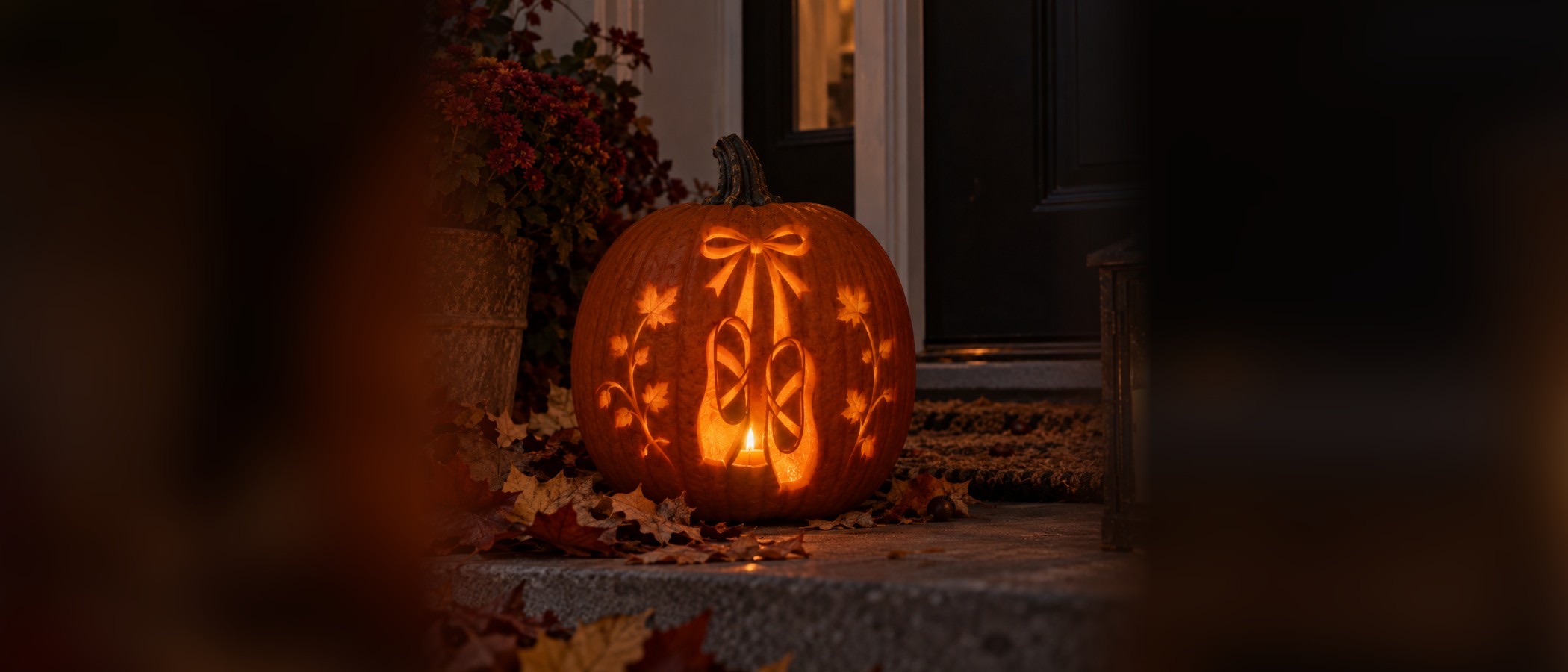 A lit Halloween pumpkin carved with a pair of pointe shoes and autumn leaves