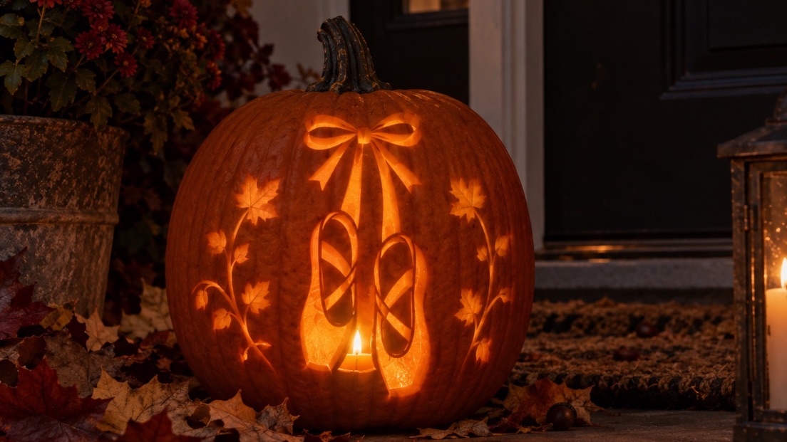 A lit pumpkin carved with a pair of ballet shoes and autumn leaves, on a doorstep among fallen leaves