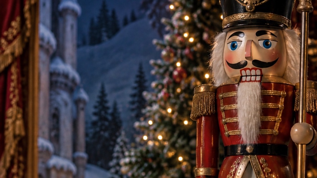 A nutcracker soldier in front of a lit Christmas tree and a snowy castle