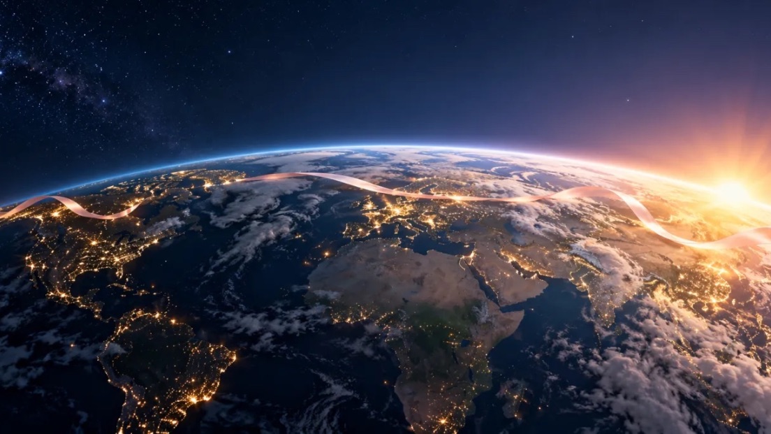 The Earth at night from space, its cities lit, with a pale pink satin ribbon looping around it